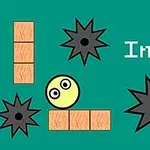 Vihreällä taustalla on keltainen pallo, mustia piikkejä ja ruskeita laatikoita järjesteltyinä eri puolille, sekä teksti Ball Impact