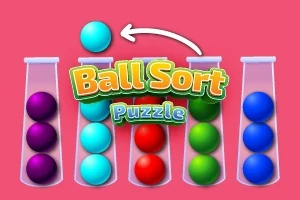 Värikkäitä palloja eri lasiputkissa, yksi pallo nousemassa putkesta, keskellä teksti Ball Sort Puzzle