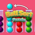 Värikkäitä palloja eri lasiputkissa, yksi pallo nousemassa putkesta, keskellä teksti Ball Sort Puzzle