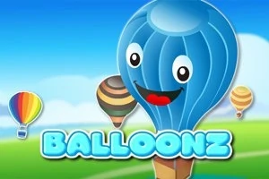 Hymyilevä sininen kuumailmapallo kirkkaalla taivaalla muiden värikkäiden kuumailmapallojen kanssa, taustalla vihreitä mäkiä ja teksti Balloonz
