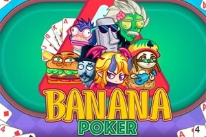 Sarjakuvamaiset hahmot pelikorttien keskellä, ja teksti Banana Poker alareunassa