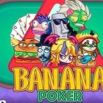 Sarjakuvamaiset hahmot pelikorttien keskellä, ja teksti Banana Poker alareunassa