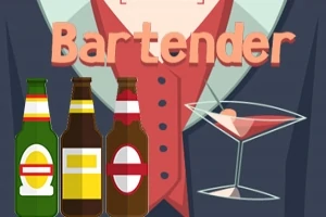 Kolme olutpulloa, cocktail-lasi ja Bartender -teksti värikkäässä grafiikassa