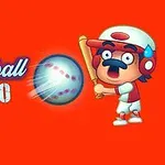 Piirroshahmo baseball-varusteissa heilauttaa mailaa kohti lentävää baseball-palloa oranssilla taustalla