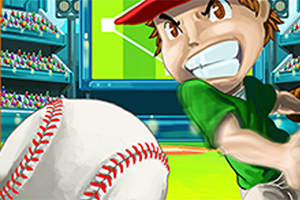 Animoitu hahmo lyömässä baseball-palloa stadionilla
