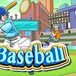Sarjakuvatyylinen kuva, jossa pesäpallonpelaaja sinisessä peliasussa on lyöntivuorossa stadionilla, ja taustalla näkyy iso Baseball-teksti