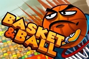 Koripallon muotoinen hahmo, jolla on kasvot ja virne, sekä teksti Basket & Ball värikkään katsomon edessä