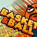 Koripallon muotoinen hahmo, jolla on kasvot ja virne, sekä teksti Basket & Ball värikkään katsomon edessä