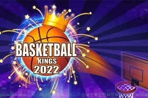 Koristeltu koripallo kruunulla ja teksti Basketball Kings 2022 sekä koripallokori taustalla