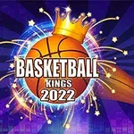 Koristeltu koripallo kruunulla ja teksti Basketball Kings 2022 sekä koripallokori taustalla