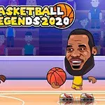 Kaksi sarjakuvamaista koripalloilijaa kentällä, taustalla katsomo ja ylhäällä teksti Basketball Legends 2020