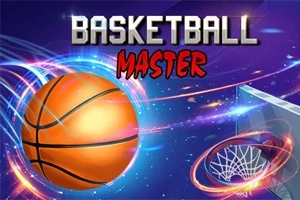 Oranssi koripallo lentää sinisen ja violetin sävyisessä avaruusmaisessa taustassa lähellä koripallokoria, teksti BASKETBALL MASTER yläosassa