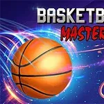Oranssi koripallo lentää sinisen ja violetin sävyisessä avaruusmaisessa taustassa lähellä koripallokoria, teksti BASKETBALL MASTER yläosassa