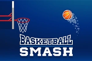 Koripallokori, lähestyvä koripallo ja teksti Basketball Smash sinisellä taustalla