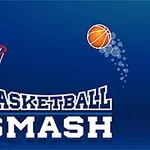 Koripallokori, lähestyvä koripallo ja teksti Basketball Smash sinisellä taustalla