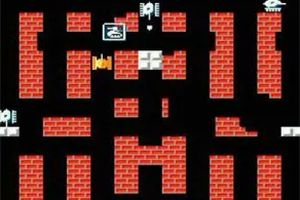 Battle City Punatiilinen labyrintti, jossa on erilaisia kohteita ja ikonit mustalla taustalla