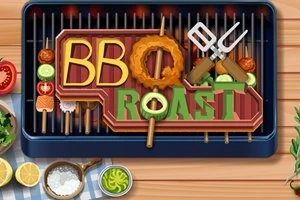 Grilliritilällä on vihanneksista ja grillivälineistä muodostettu BBQ Roast -teksti sekä ruokailuvälineitä ja mausteita ympärillä