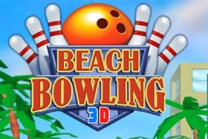 Oranssi keilapallo ja kaadettuja keiloja, taustalla palmuja ja rakennus, jossa lukee Beach Bowling 3D