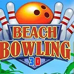 Oranssi keilapallo ja kaadettuja keiloja, taustalla palmuja ja rakennus, jossa lukee Beach Bowling 3D