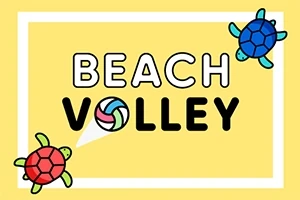 Keltainen tausta, jossa on teksti BEACH VOLLEY, kaksi kilpikonnaa ja lentopallo