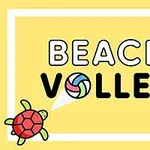Keltainen tausta, jossa on teksti BEACH VOLLEY, kaksi kilpikonnaa ja lentopallo