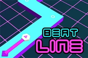 Sinisellä ja violetilla ruudukkopinnalla kulkee neonvärinen mutkitteleva rata, jonka alareunassa lukee Beat Line neonkirjaimin