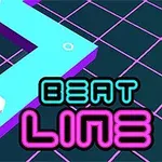 Sinisellä ja violetilla ruudukkopinnalla kulkee neonvärinen mutkitteleva rata, jonka alareunassa lukee Beat Line neonkirjaimin