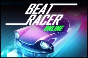 Futuristinen auto violetilla ja sinisellä värityksellä, hehkuva timantti, ja päällä oleva teksti Beat Racer Online