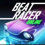 Futuristinen auto violetilla ja sinisellä värityksellä, hehkuva timantti, ja päällä oleva teksti Beat Racer Online