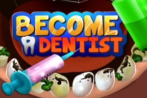 Ruudulla näkyy värikäs teksti Become a Dentist suun sisällä, jossa on hampaita ja hammaslääkärin työkaluja