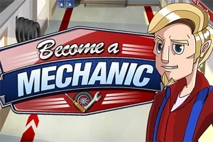 Animoitu hahmo katselee eteenpäin autotallissa, jossa on kyltti tekstillä Become a Mechanic