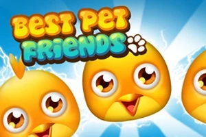 Kolme pelihahmona olevaa iloista, keltaista lintuemojia sinisellä taustalla, yläosassa värikäs teksti Best Pet Friends