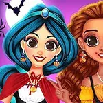 Kaksi piirrettyä hahmoa hymyilee Halloween-teemaisissa asuissa, taustalla lepakoita ja hämähäkkejä