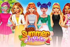 Kuusi tyylikkäästi pukeutunutta nuorta naista värikkäissä kesäasuissa seisoo hiekkarannalla, ja kuvan etualalla on teksti BFFs Summer Aesthetic