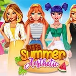 Kuusi tyylikkäästi pukeutunutta nuorta naista värikkäissä kesäasuissa seisoo hiekkarannalla, ja kuvan etualalla on teksti BFFs Summer Aesthetic