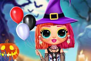 Nukke, jolla on noitahattu, värikäs mekko ja ilmapalloja, seisoo halloween-aiheisessa ympäristössä