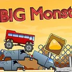 Punainen monsteriauto ajaa romuautojen päällä auringonlaskun taustalla, yläosassa lukee BIG Monsters!