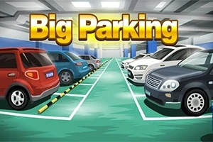 Piirroskuva parkkihallista, jossa on pysäköityjä autoja ja suuri teksti Big Parking yläreunassa