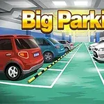 Piirroskuva parkkihallista, jossa on pysäköityjä autoja ja suuri teksti Big Parking yläreunassa