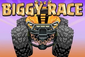 Oranssi maastoauto, jolla on suurikokoiset renkaat, ja yläpuolella teksti BIGGY RACE violettia ja oranssia taustaa vasten