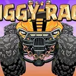 Oranssi maastoauto, jolla on suurikokoiset renkaat, ja yläpuolella teksti BIGGY RACE violettia ja oranssia taustaa vasten