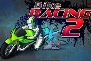 Vihreä moottoripyöräilijä ajamassa oikealle viileässä asennossa tummansinisellä taustalla, jossa lukee Bike Racing 2