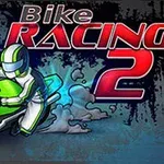 Vihreä moottoripyöräilijä ajamassa oikealle viileässä asennossa tummansinisellä taustalla, jossa lukee Bike Racing 2