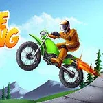 Moottoripyöräilijä oranssissa asussa hyppää vihreällä moottoripyörällä rampista, taustalla vuoria ja puita, vasemmalla teksti Bike Racing