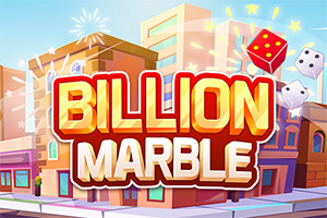 Kuvassa on värikäs taustakuva kaupungista, jonka edessä on isokokoisia nopan kuvia ja teksti Billion Marble