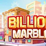 Kuvassa on värikäs taustakuva kaupungista, jonka edessä on isokokoisia nopan kuvia ja teksti Billion Marble