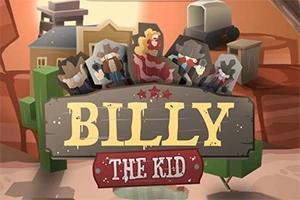 Piirrosmainos, jossa on villin lännen hahmoja ja teksti Billy the Kid keskellä