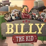 Piirrosmainos, jossa on villin lännen hahmoja ja teksti Billy the Kid keskellä