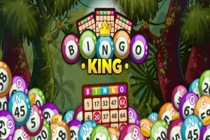 Bingoaiheinen kuva, jossa on värikkäitä palloja ja keskellä teksti Bingo King vehreässä taustassa