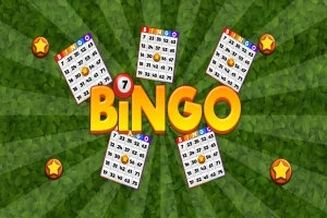 Bingo-kortteja vihreällä taustalla, keskellä isolla teksti BINGO sekä kultaiset tähdet kulmissa